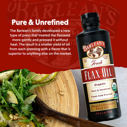 Barlean's Organic Flaxseed Oil Liquid from Fresh Cold Pressed Flax Seeds, 7,640mg ALA Omega 3 Fatty Acid Supplement for Skin and Hair Care, Vegan & Gluten Free, 8 oz