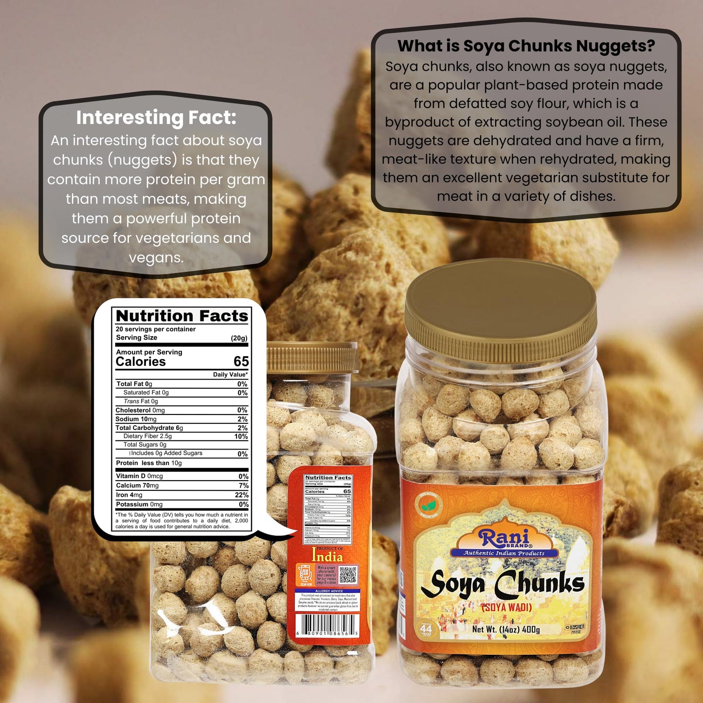 Rani Soya Chunks Nuggets (High Protien) Vadi 14oz (400g) ~ All Natural, Salt-Free | Vegan | No Colors | Gluten Friendly | NON-GMO | Kosher | Indian Origin | Meat Alternate Substitute