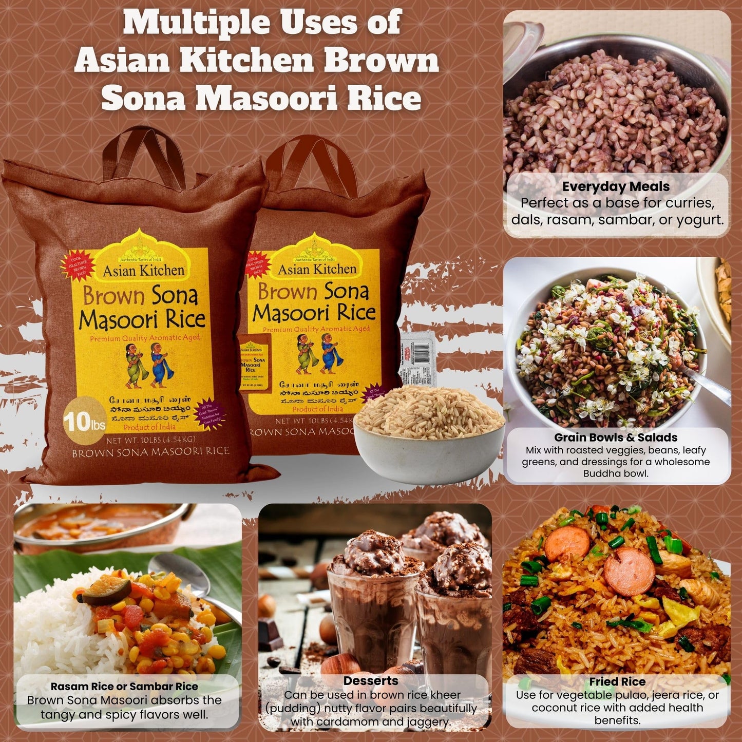 Asian Kitchen Brown Sona Masoori Aged Rice 10-Pound Bag, 10lbs (4.54kg) Short Grain Rice ~ All Natural | Gluten Friendly | Vegan | Indian Origin | Export Quality