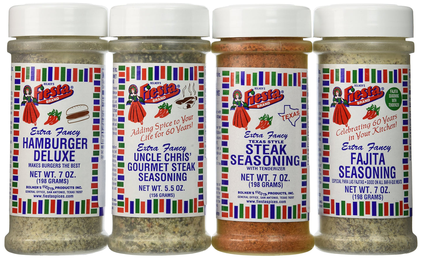 Bolner's Fiesta Extra Fancy Texas Barbeque Seasoning 4 Flavor Variety Bundle, (1) each: Texas Style Steak, Uncle Chris' Gourmet Steak, Hamburger Deluxe, and Fajita Seasoning, 5.5-7 Oz. Ea