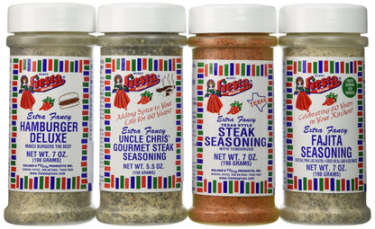 Bolner's Fiesta Extra Fancy Texas Barbeque Seasoning 4 Flavor Variety Bundle, (1) each: Texas Style Steak, Uncle Chris' Gourmet Steak, Hamburger Deluxe, and Fajita Seasoning, 5.5-7 Oz. Ea