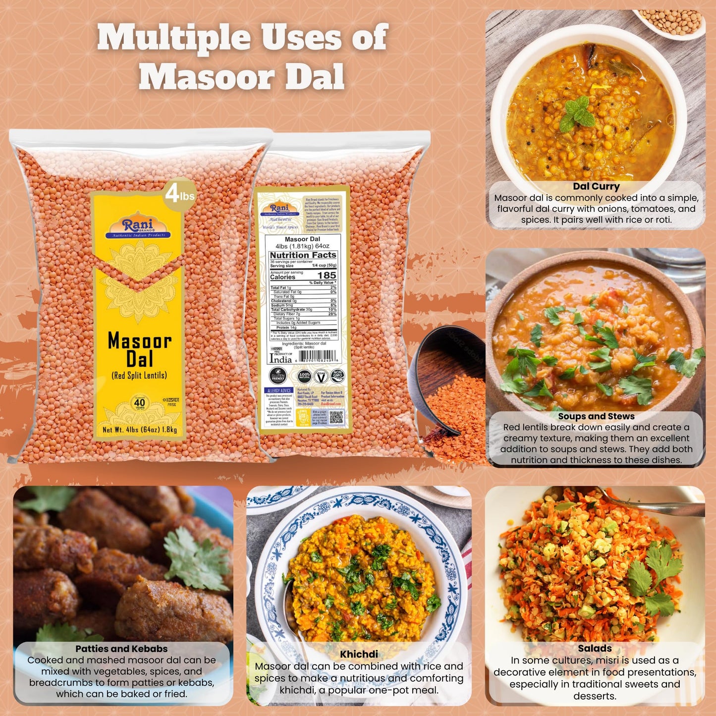 Rani Masoor Dal (Indian Red Lentils) Split Gram, 64oz (4lbs) 1.81kg Bulk ~ All Natural | Gluten Friendly | NON-GMO | Kosher | Vegan | Indian Origin