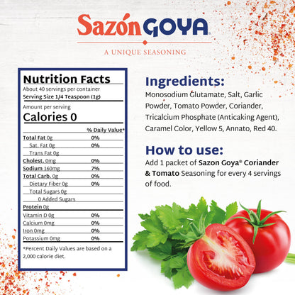 Sazón with Cilantro and Tomato by Goya, Latin Spice Blend for Poultry, Seafood, Meat and Vegetables, All Purpose Mexican Seasoning 1.41oz Carton