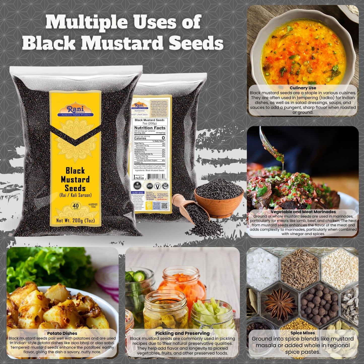 Rani Black Mustard Seeds Whole Spice (Kali Rai) 7oz (200g) ~ All Natural | Gluten Friendly | NON-GMO | Kosher | Vegan | Indian Origin