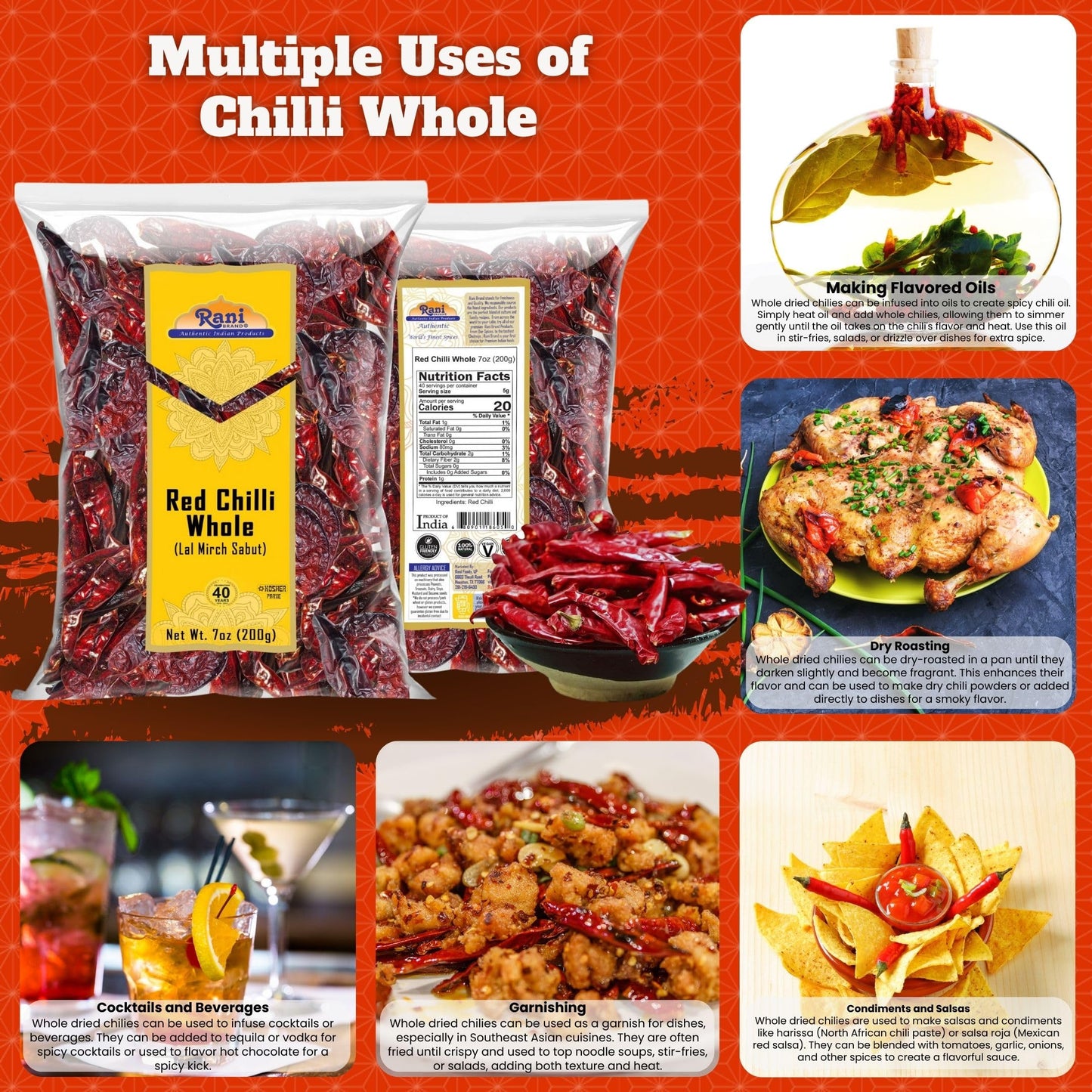 Rani Chilli Whole (Lal Mirch Sabut) 7oz (200g) ~ All Natural | Vegan | No Colors | Gluten Friendly | NON-GMO | Kosher