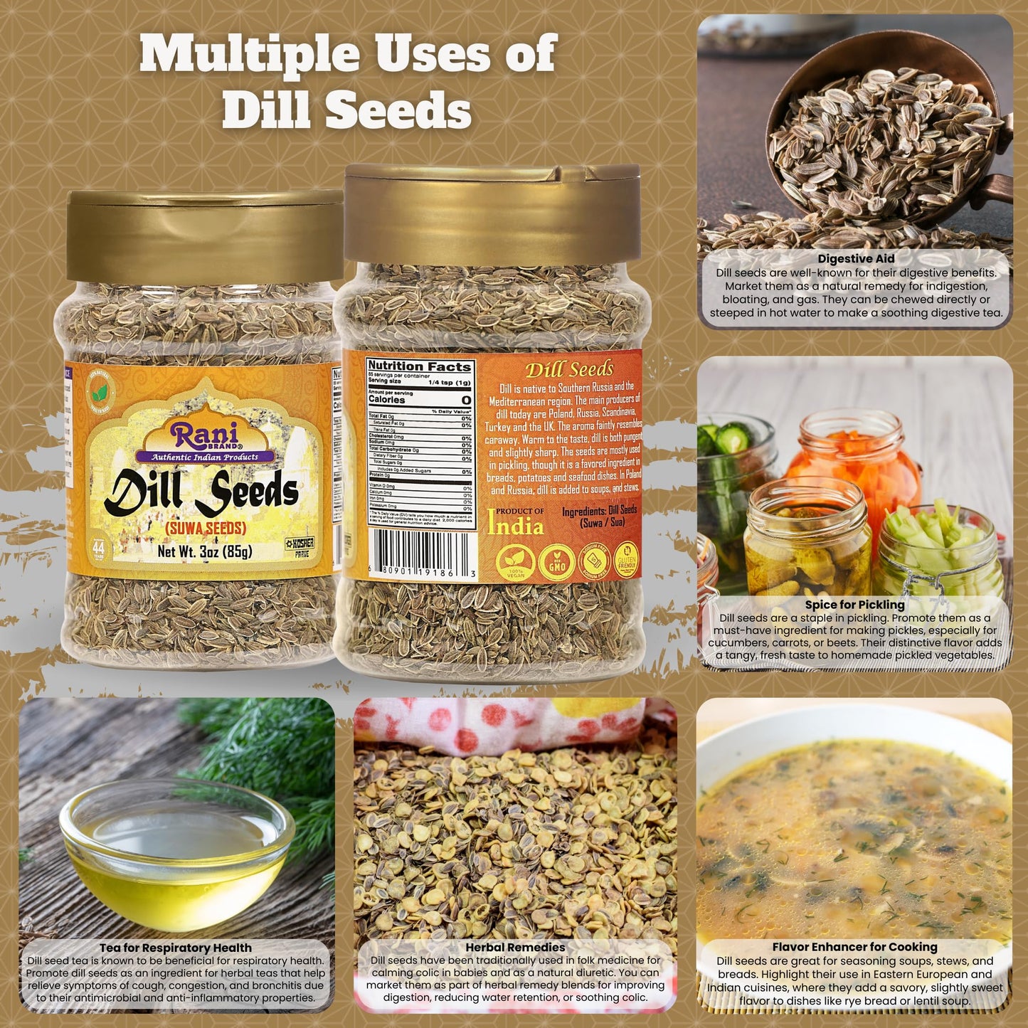 Rani Dill Seeds (Suwa/Sua) Whole, Spice 3oz (85g) PET Jar ~ All Natural | Gluten Friendly | NON-GMO | Kosher | Vegan | Indian Origin, Weed