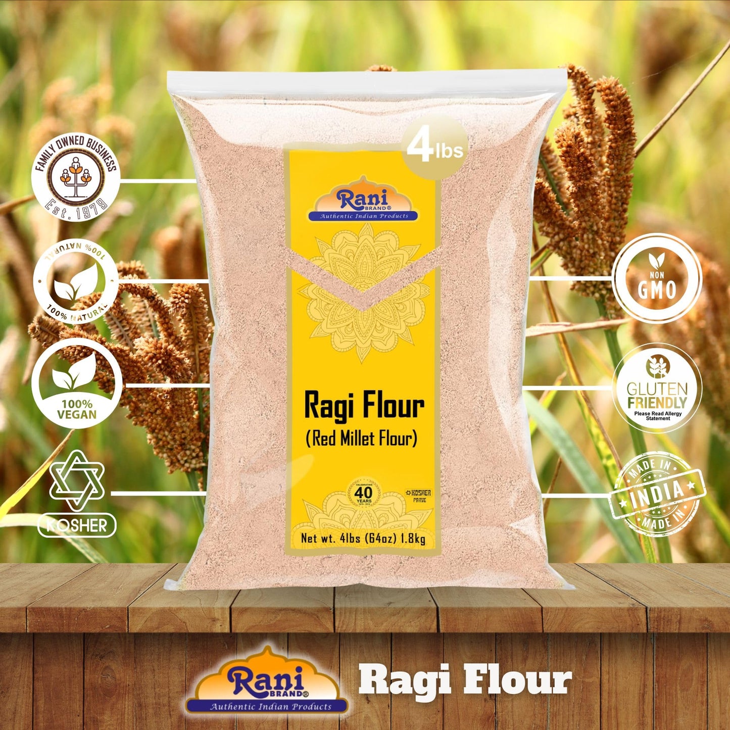 Rani Ragi (Finger Millet) Flour 64oz (4lbs) 1.81kg Bulk ~ All Natural | Vegan | Gluten Friendly | NON-GMO | Kosher | Indian Origin
