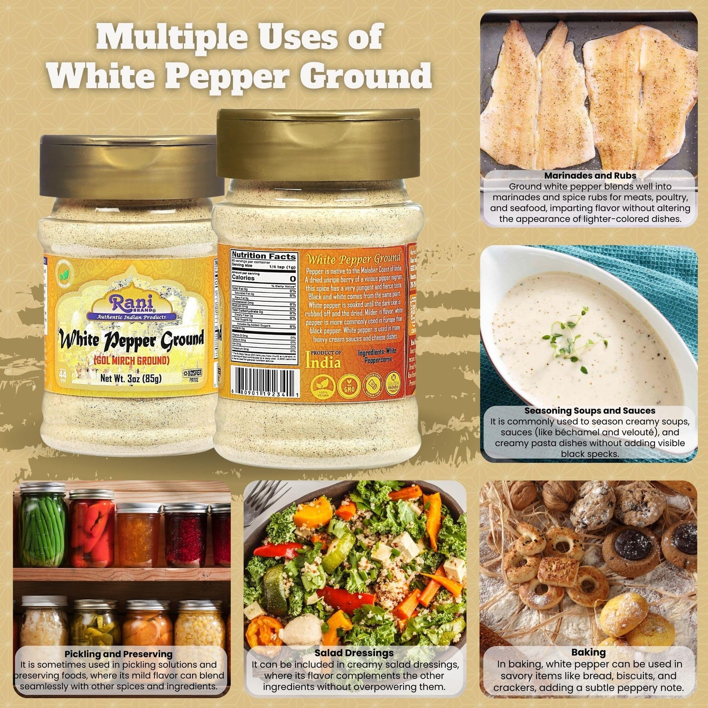 Rani White Pepper (GOL Mirch), Ground Spice 3oz (85g) PET Jar ~ All Natural | Vegan | Gluten Friendly | Non-GMO | Kosher | Indian Origin