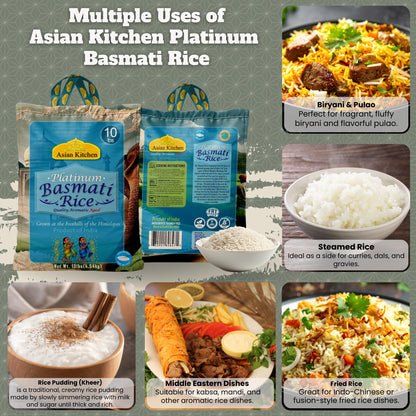 Asian Kitchen Platinum White Basmati Rice Extra Long Aged 10lbs (4.54kg) ~ All Natural | Gluten Friendly | Vegan | Indian Origin | Export Quality