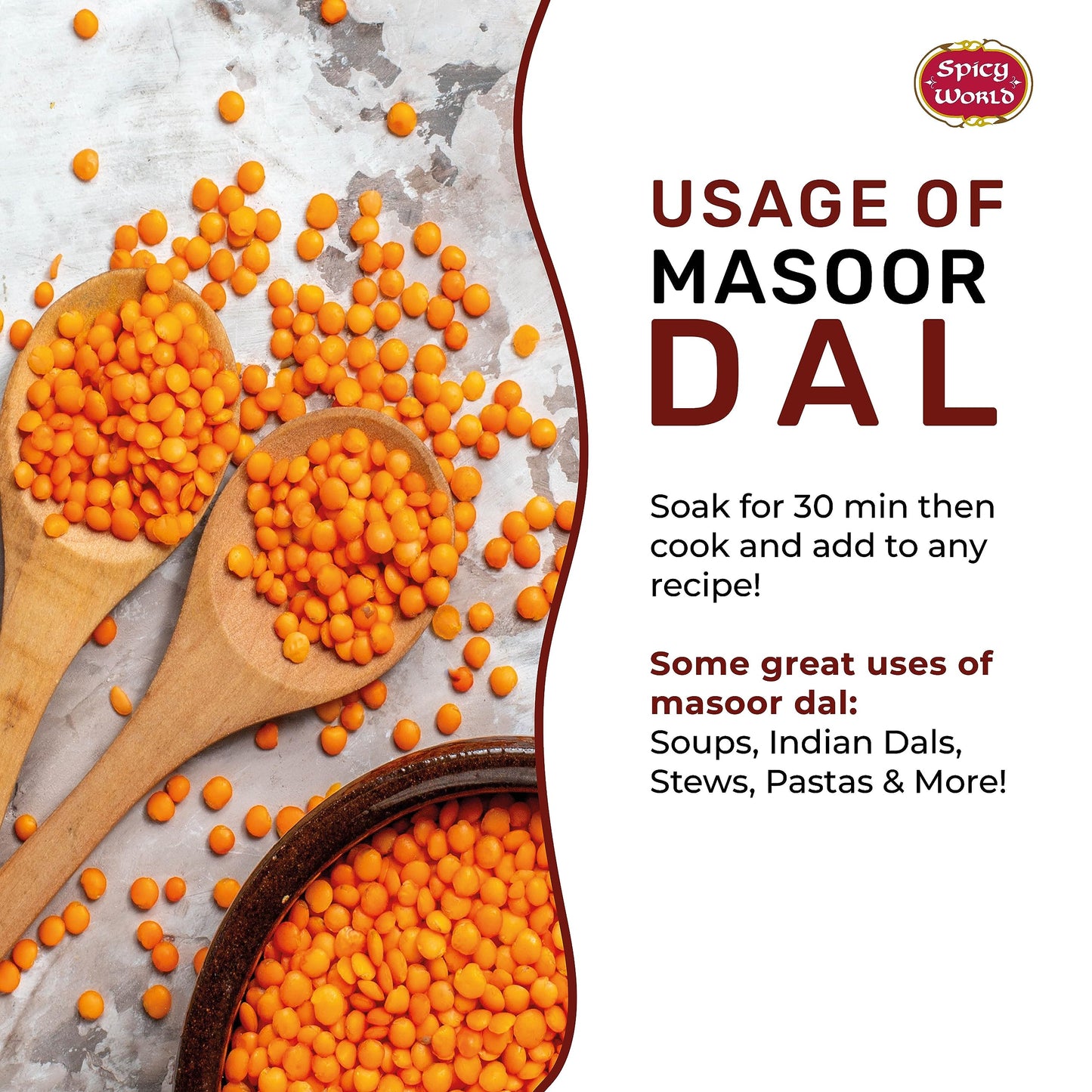 Masoor Dal 4 Pound Bag - Split Red Lentils Dry - All Natural, Pure, Vegan - Resealable Bag by Spicy World