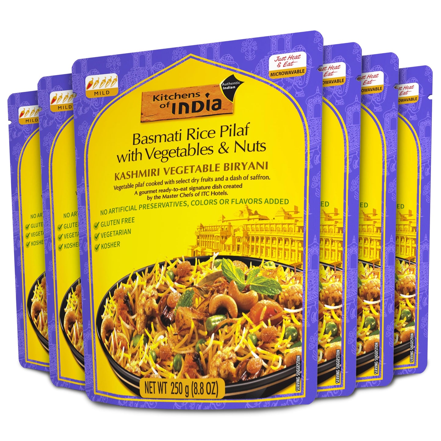 Kitchens of India Kashmiri Vegetable Biryani, Basmati Rice Pilaf with Vegetables & Nuts, 8.8 Ounces (Pack of 6), Gourmet Ready To Eat Authentic Indian Dish