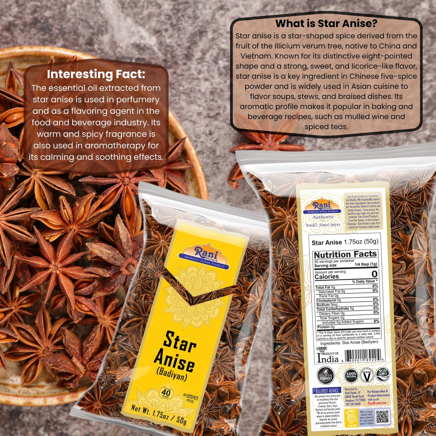 Rani Star Anise Seeds, Whole Pods (Badian Khatai) Spice 1.75oz (50g)~ All Natural | Gluten Friendly | NON-GMO | Kosher | Vegan | Whole Chinese Anise Star Pods Sun Dried Spice, Anis Estrella / Illicium Verum, Widely Used for Baking, Drinks, Cooking...