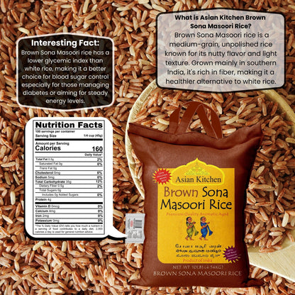 Asian Kitchen Brown Sona Masoori Aged Rice 10-Pound Bag, 10lbs (4.54kg) Short Grain Rice ~ All Natural | Gluten Friendly | Vegan | Indian Origin | Export Quality