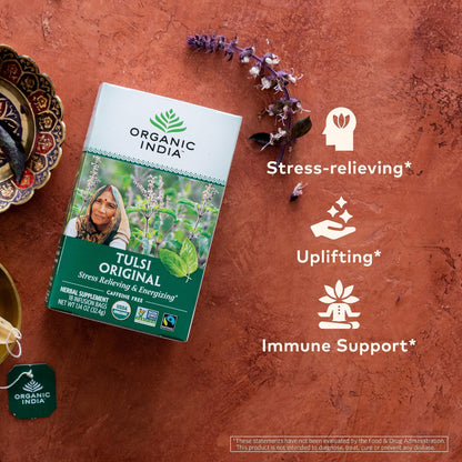 ORGANIC INDIA Tulsi Original Herbal Tea - Holy Basil and African Basil Calming and Stress Relief Tea, Immune Support, USDA Certified Organic, Non-GMO, Caffeine-Free - 18 Infusion Bags, 6 Pack