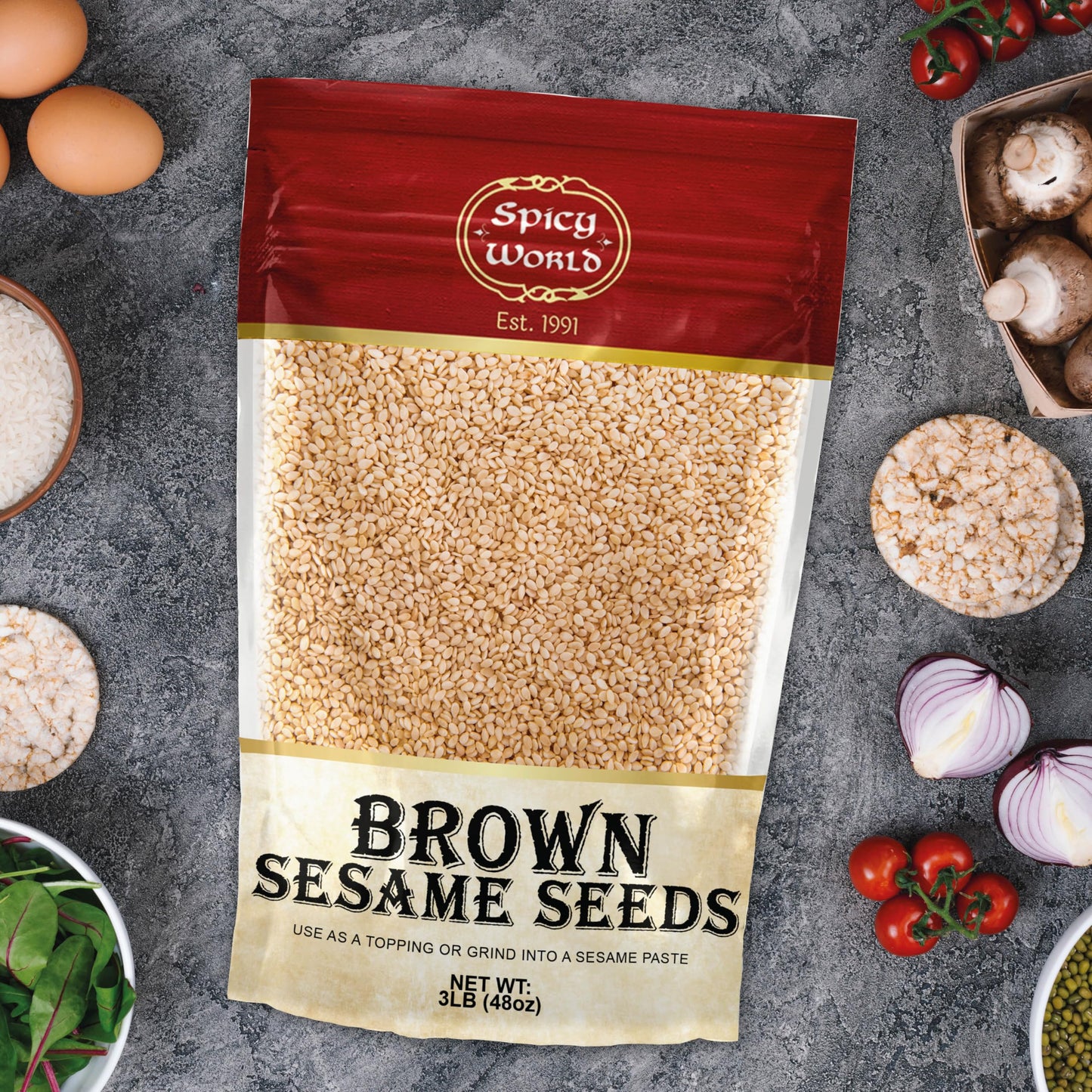 Spicy World Natural Brown Sesame Seeds 3 LB (48oz) - Non-GMO, Vegan, Raw, Unroasted, Unsalted, Plant-Based Protein, Source of Fiber & Iron, Ideal for Topping, Cooking & Baking