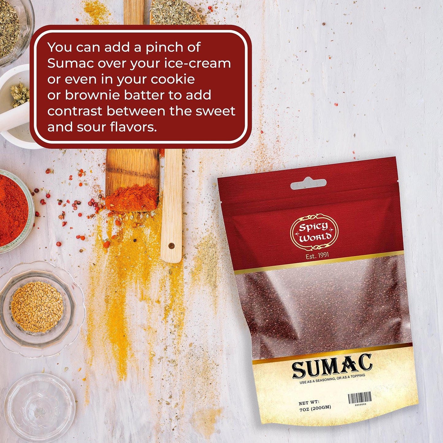 Spicy World Sumac Spice Powder 7 Ounce Bag - Ground Sumac, Sumac Seasoning (Sumak)